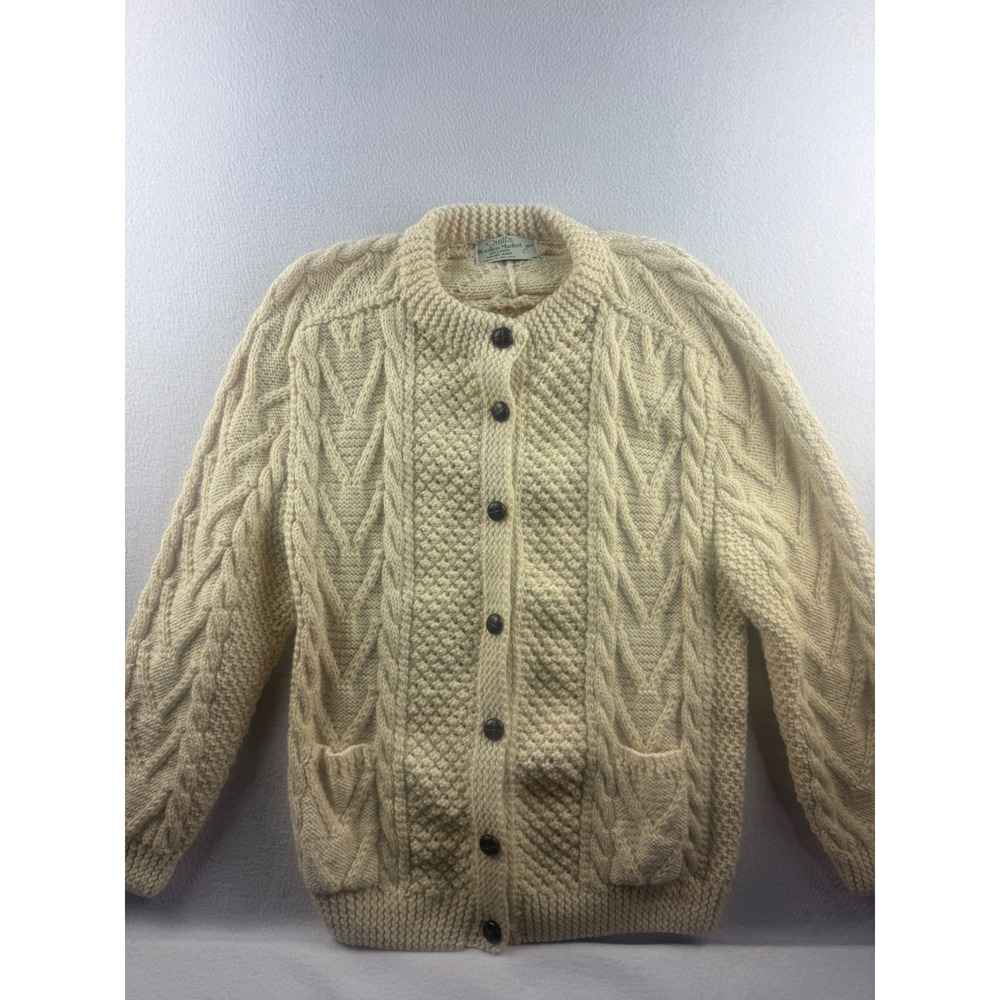 Quills Woollen Market Ireland Hand Knit Wool Aran Fisherman Cardigan Cream L